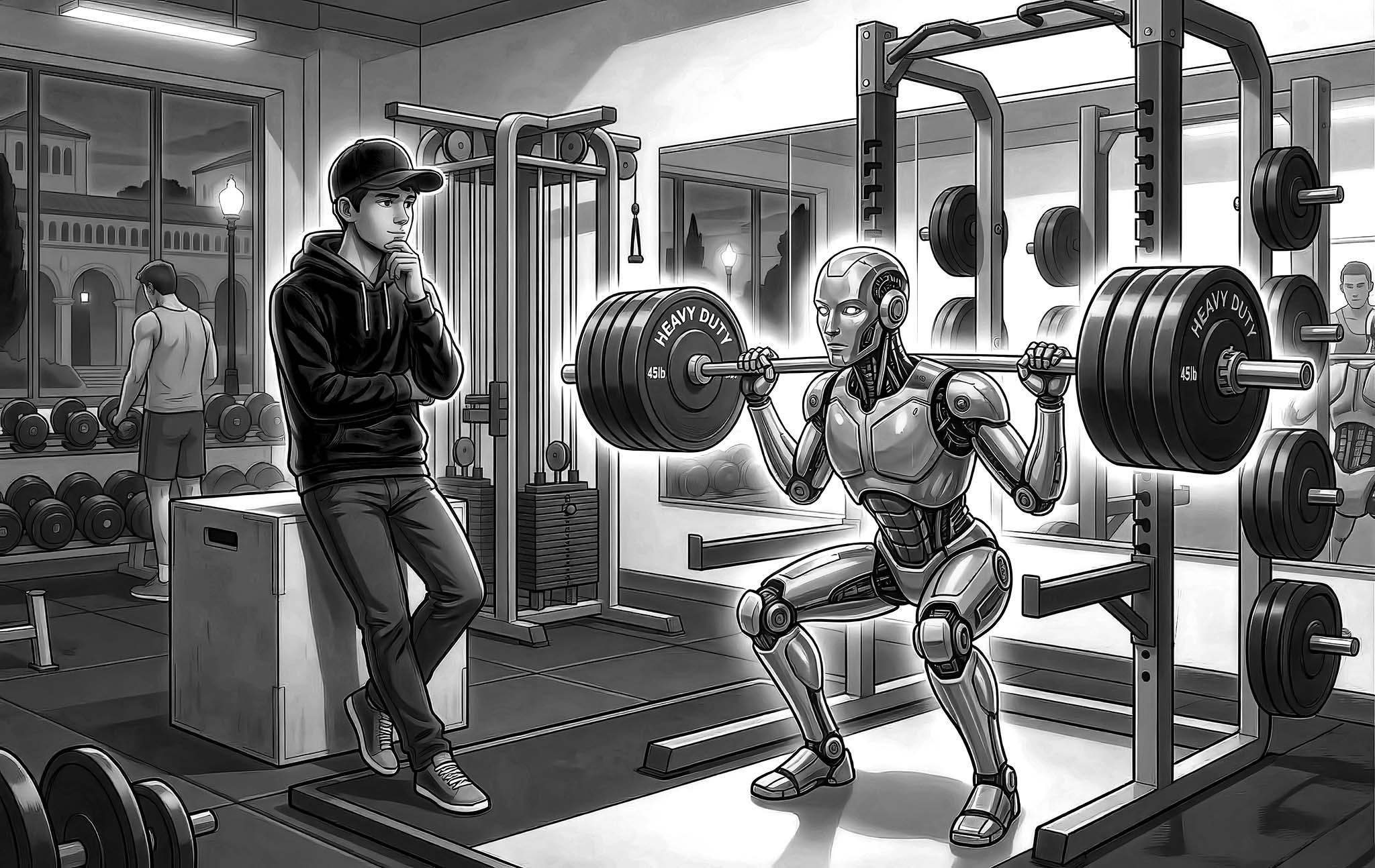Student standing relaxed in a gym while watching a robot lift heavy weights. Other students are working out actively in the gym. University buildings in the background.