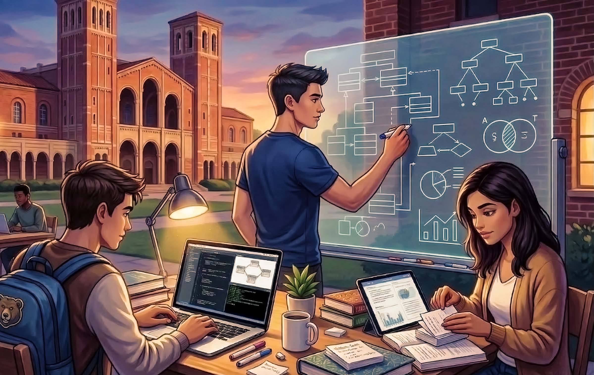 Student working on a laptop and whiteboard