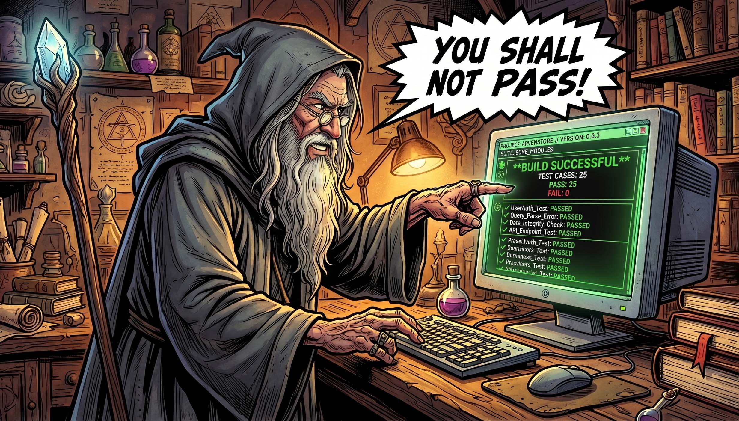 A wizard pointing at a screen showing "BUILD SUCCESSFUL — TEST CASES: 25, PASS: 25, FAIL: 0" and shouting "YOU SHALL NOT PASS!"